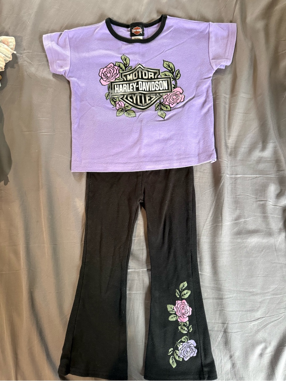 Harley-Davidson Lavender and Black Rose Logo Tee with Black Floral Flare Pants